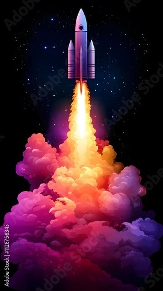 Fototapeta A rocket taking off into space, surrounded by colorful smoke clouds, in the style of vector illustration, flat design