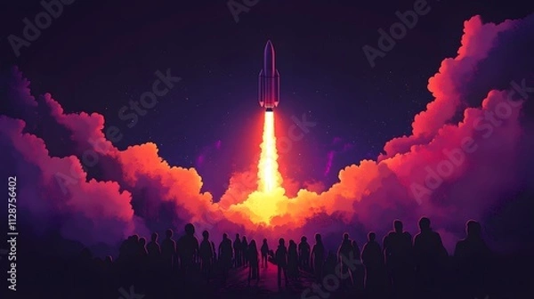 Fototapeta A rocket taking off into space, surrounded by colorful smoke clouds, in the style of vector illustration, flat design