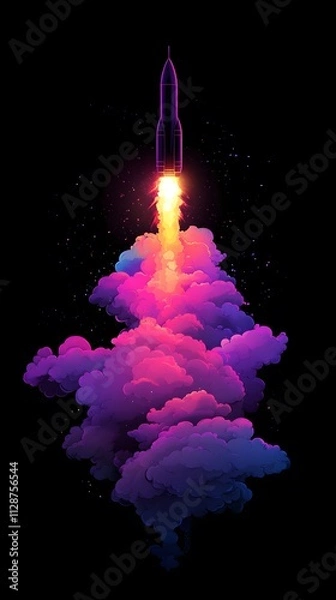 Fototapeta A rocket taking off into space, surrounded by colorful smoke clouds, in the style of vector illustration, flat design