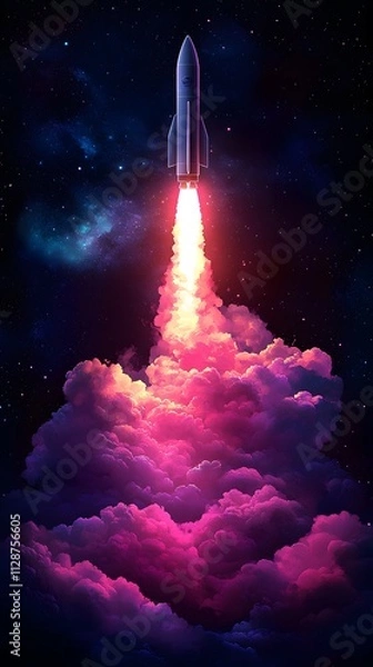 Fototapeta A rocket taking off into space, surrounded by colorful smoke clouds, in the style of vector illustration, flat design