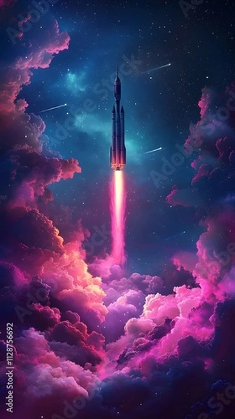 Fototapeta A rocket taking off into space, surrounded by colorful smoke clouds, in the style of vector illustration, flat design