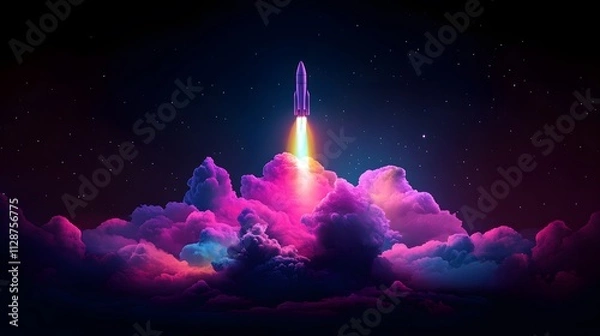 Fototapeta A rocket taking off into space, surrounded by colorful smoke clouds, in the style of vector illustration, flat design