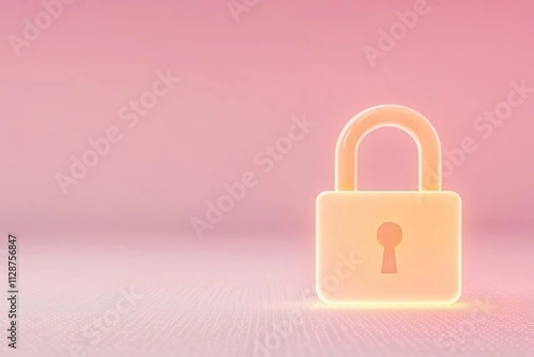Fototapeta glowing padlock icon floating in digital grid background with faint binary code patterns
