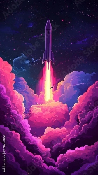 Fototapeta A rocket taking off into space, surrounded by colorful smoke clouds, in the style of vector illustration, flat design