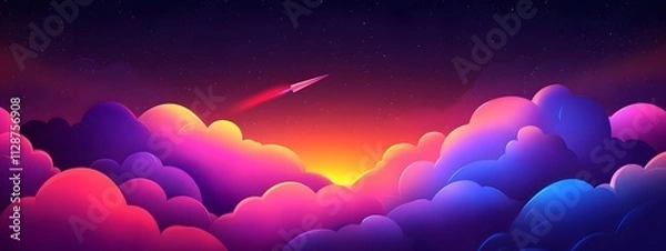 Fototapeta A rocket taking off into space, surrounded by colorful smoke clouds, in the style of vector illustration, flat design