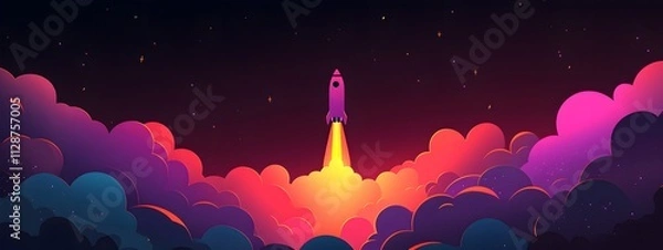 Fototapeta A rocket taking off into space, surrounded by colorful smoke clouds, in the style of vector illustration, flat design