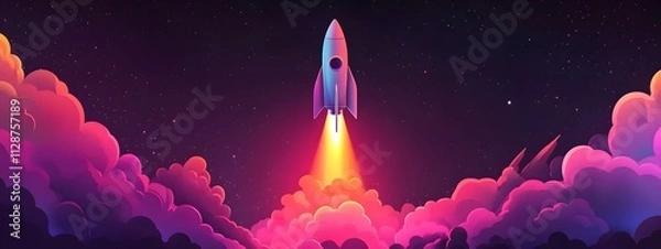 Fototapeta A rocket taking off into space, surrounded by colorful smoke clouds, in the style of vector illustration, flat design