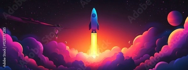 Fototapeta A rocket taking off into space, surrounded by colorful smoke clouds, in the style of vector illustration, flat design