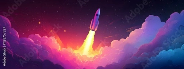 Fototapeta A rocket taking off into space, surrounded by colorful smoke clouds, in the style of vector illustration, flat design