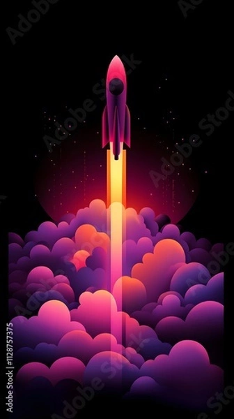 Fototapeta A rocket taking off into space, surrounded by colorful smoke clouds, in the style of vector illustration, flat design