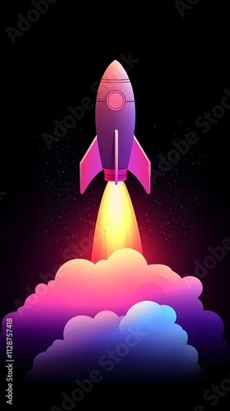 Fototapeta A rocket taking off into space, surrounded by colorful smoke clouds, in the style of vector illustration, flat design