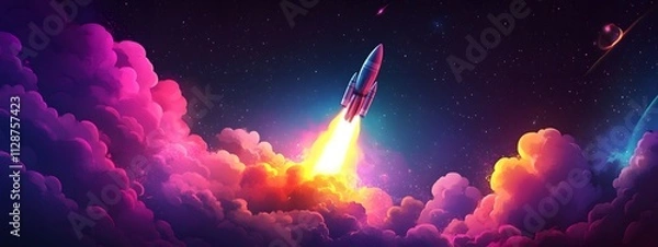 Fototapeta A rocket taking off into space, surrounded by colorful smoke clouds, in the style of vector illustration, flat design
