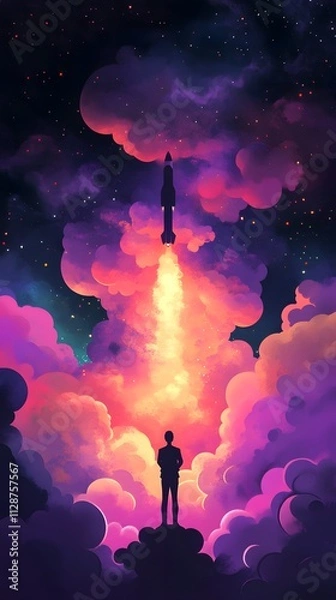 Fototapeta A rocket taking off into space, surrounded by colorful smoke clouds, in the style of vector illustration, flat design