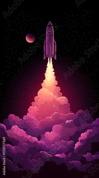 Fototapeta A rocket taking off into space, surrounded by colorful smoke clouds, in the style of vector illustration, flat design