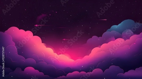Fototapeta A rocket taking off into space, surrounded by colorful smoke clouds, in the style of vector illustration, flat design