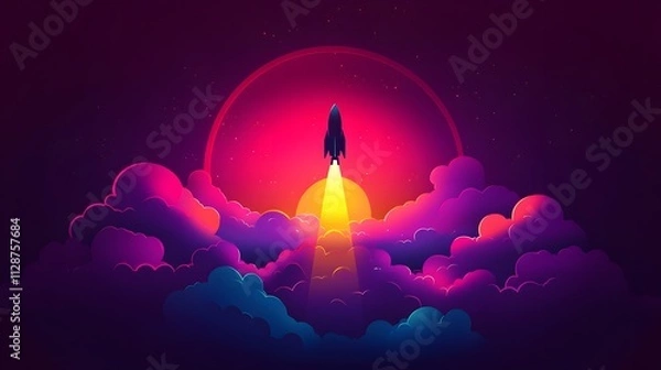 Fototapeta A rocket taking off into space, surrounded by colorful smoke clouds, in the style of vector illustration, flat design