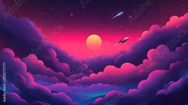 Fototapeta A rocket taking off into space, surrounded by colorful smoke clouds, in the style of vector illustration, flat design
