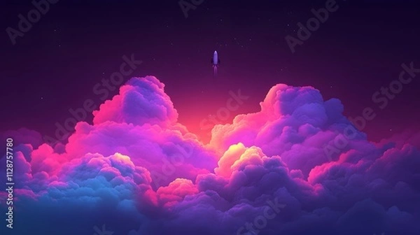 Fototapeta A rocket taking off into space, surrounded by colorful smoke clouds, in the style of vector illustration, flat design