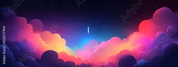 Fototapeta A rocket taking off into space, surrounded by colorful smoke clouds, in the style of vector illustration, flat design