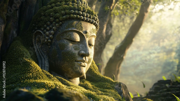 Fototapeta 苔に覆われた大仏と静寂な森