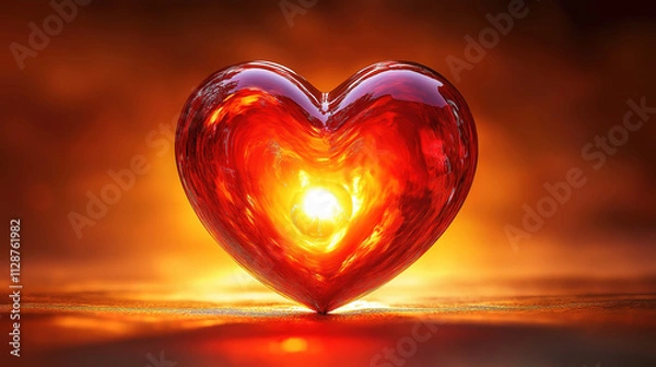 Fototapeta A vibrant, glowing heart at sunset, evoking warmth and love. A digitally rendered heart, intensely red and seemingly glowing with an inner light, sits on a sunrise or sunset backdrop.