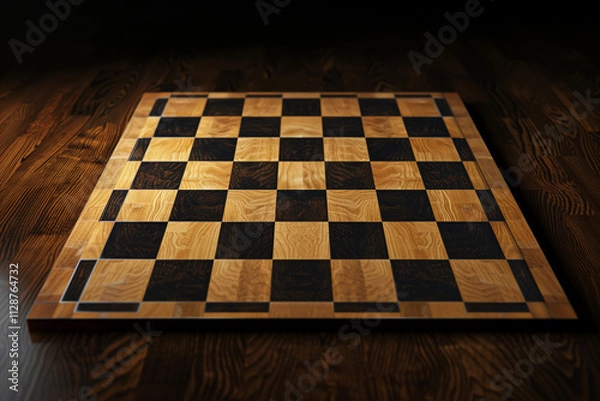 Fototapeta Single empty chess board placed on a table, nothing else.