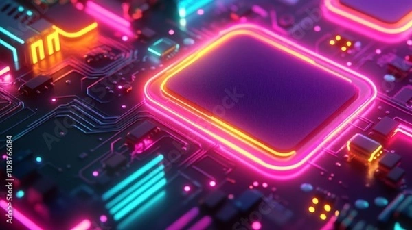 Obraz Neon-lit Microchip on a Circuit Board