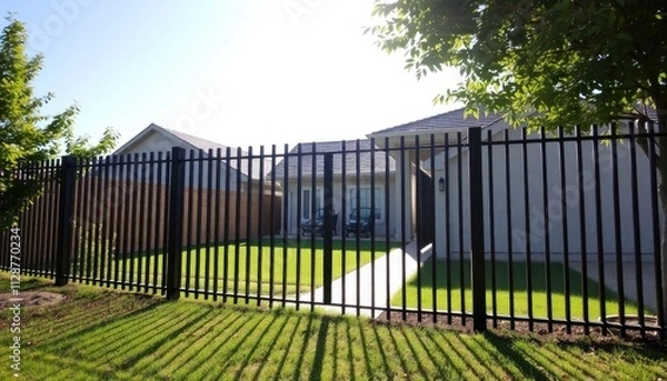 Fototapeta modern metal fence surrounding a property with sleek, contemporary design, standing tall under the bright midday sun, casting sharp, clean lines across the yard
