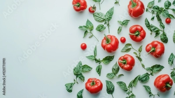 Fototapeta Vibrant Red Bell Peppers and Basil Leaves Pattern on White Background: A Culinary Delight