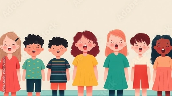 Fototapeta A diverse group of joyful children singing together, celebrating unity and harmony in a colorful, cheerful environment.