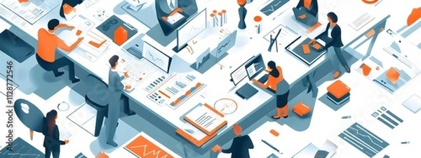 Fototapeta A flat vector illustration of several people working together on an advertising project, with documents and charts spread out around them