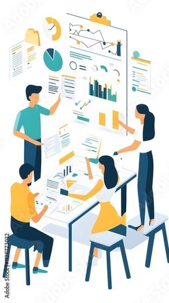 Fototapeta A flat vector illustration of several people working together on an advertising project, with documents and charts spread out around them