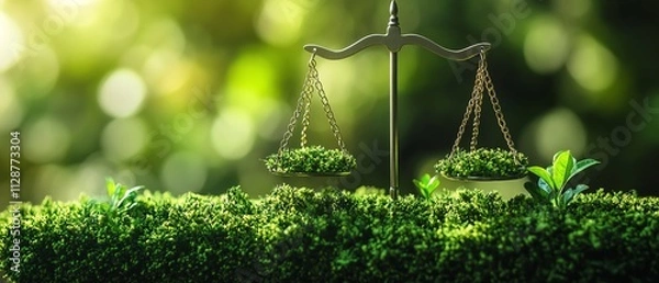 Fototapeta A symbolic scale icon in front of a green ecosystem, depicting the balance between industrial growth and environmental regulation for a sustainable corporate future