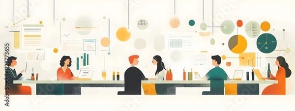 Fototapeta A flat vector illustration of several people working together on an advertising project, with documents and charts spread out around them