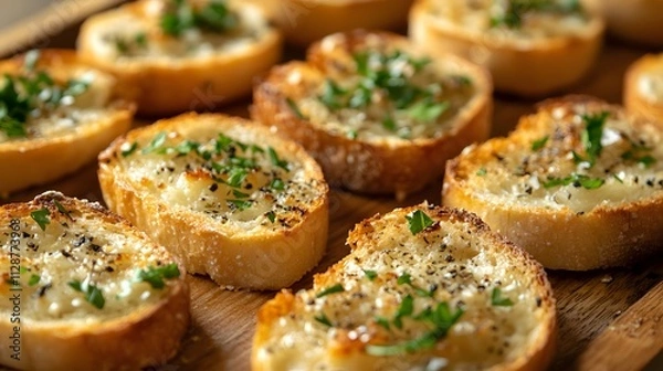 Fototapeta Homemade Grilled Garlic Bread Slices: Appetizing, Crusty Toast with Parsley and Olive Oil, Capturing Traditional Culinary Heritage