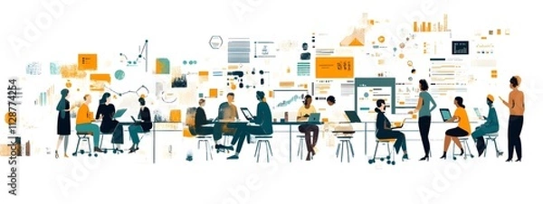 Fototapeta A flat vector illustration of several people working together on an advertising project, with documents and charts spread out around them