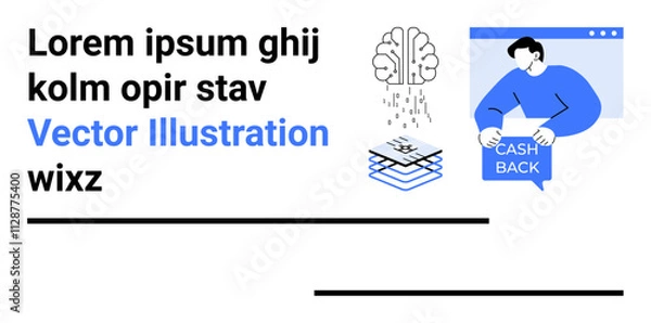 Fototapeta Depicts human brain with data, financial technology stack, and man holding tablet with cash back icon. Ideal for finance, technology, innovation, education, business, marketing, and e-commerce