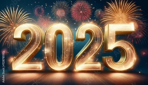 Fototapeta Happy New Year 2025 Golden Sparkler Numbers And Fireworks