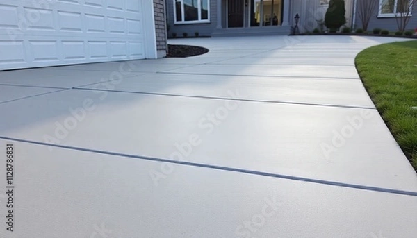 Fototapeta Concrete driveways with smooth gray texture, leading up to a modern home, soft early morning light reflecting off the smooth surface