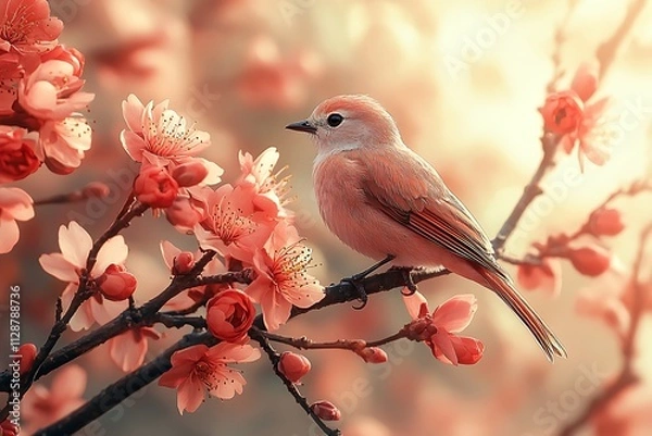 Fototapeta A small pink bird perched on a branch of pink flowers