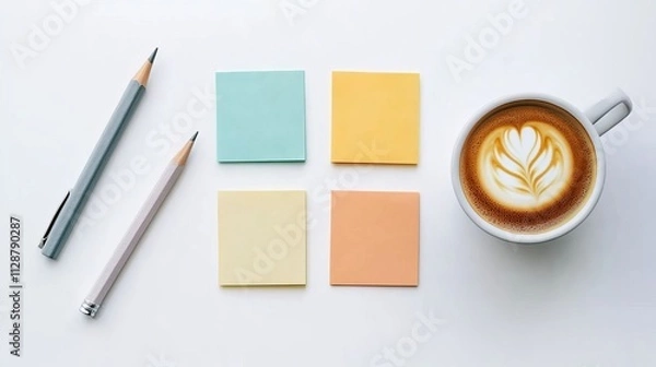 Fototapeta pastel post-it notes on a white background with a coffee mug and pencil next to them, in a flat lay photography style. 