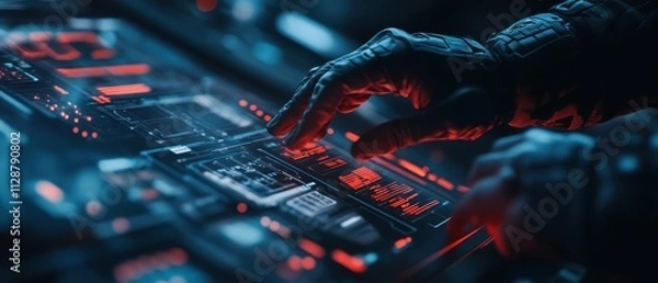 Fototapeta Futuristic tech controller handling advanced data interface in a dimly lit environment