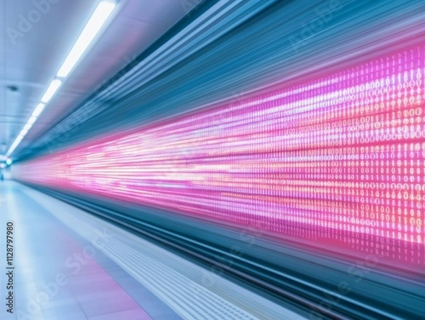 Fototapeta Futuristic Subway Scene with Digital Advertisements and Binary Motion Blur in South Korea