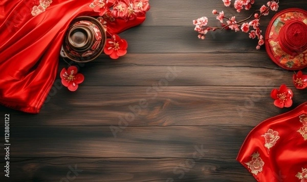 Obraz Traditional red clothes placed on wooden background with ceramic bowl and flowers. Chinese new year themed flat lay with copy space.