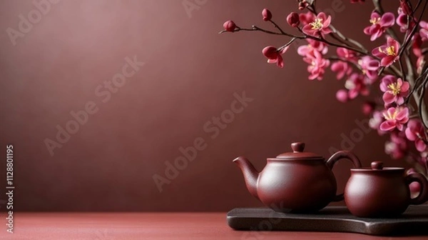 Obraz A beautiful brown tea set on a stone base. Pastel earthy background with flowers and copy space.