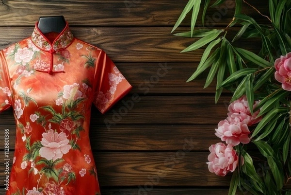 Obraz Beautiful red traditional shirt with pink flowers and leaves. Chinese new year theme on wooden background with copy space.