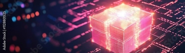 Fototapeta A glowing digital gift box on a futuristic circuit board background.