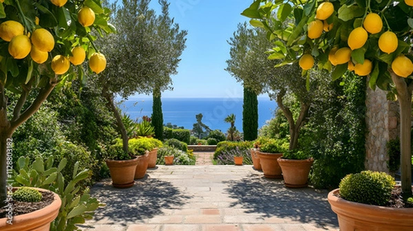 Obraz Amalfi Coast Mediterranean garden with lemon trees and ocean views, vibrant Italian retreat