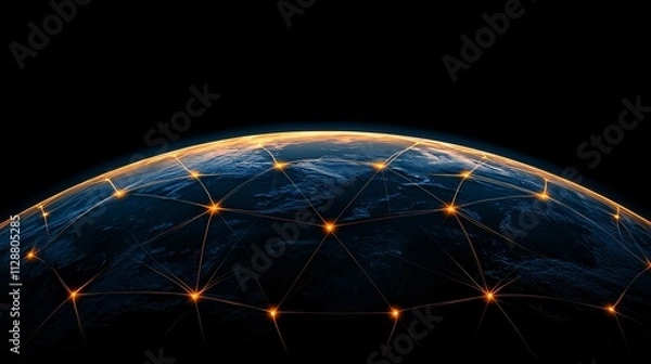 Obraz Fiber optic data system concept. A digital globe with illuminated network connections, representing global connectivity and technology advancements in a dark background.