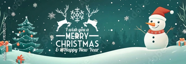 Fototapeta Merry Christmas and Happy New Year 2025- Greeting card with English text, clock, fireworks and snow - Panorama, banner, header with copy space - Abstract background